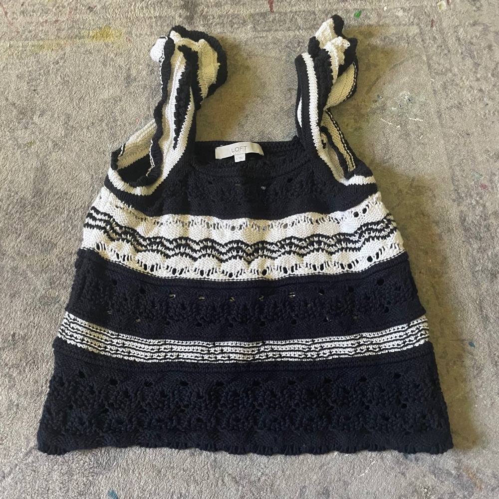 LOFT Black White Striped Crochet Knit Tank Top Sleeveless Boho Size Large